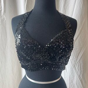 Vintage Black Sequin Halter Bra Top #glam